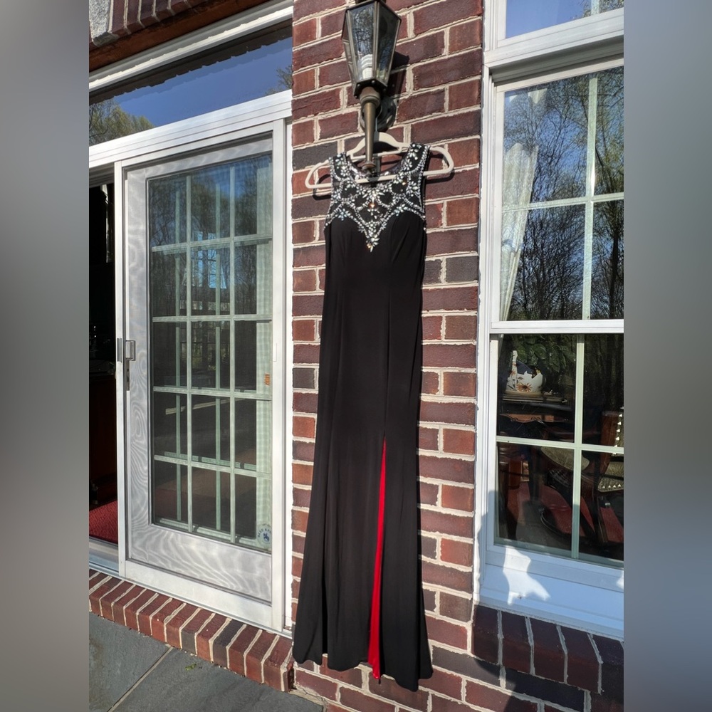 stunning black gown with beaded neckline and slit; worn once